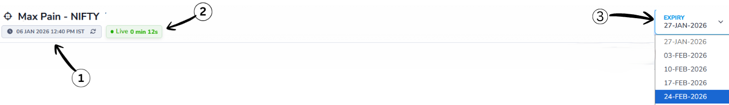 Max Pain screen: last updated time, live status and expiry selection