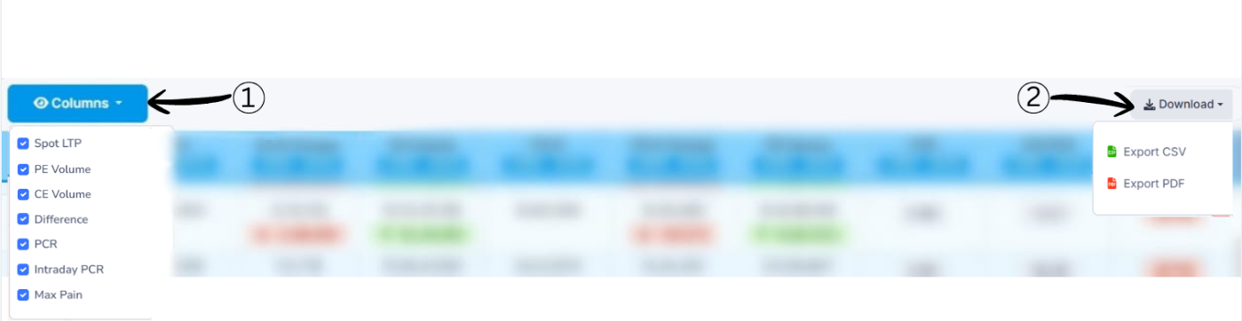 Column and Download Options