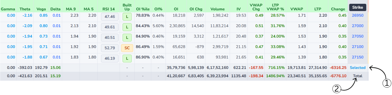 Total and selected rows in option chain